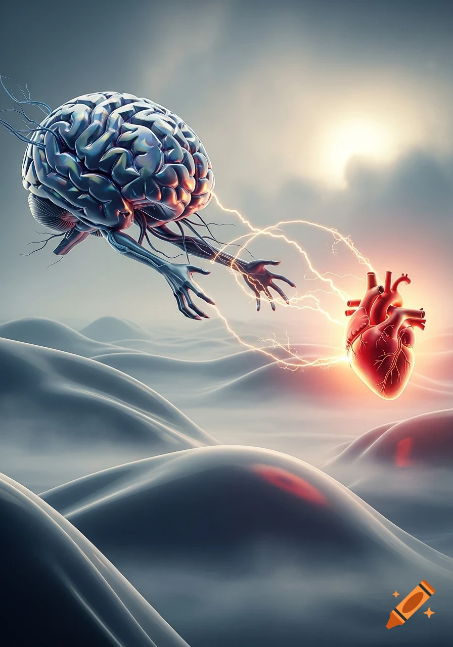 A metallic, stylized brain and glowing red heart connected by lightning bolts over a misty, wavy landscape.