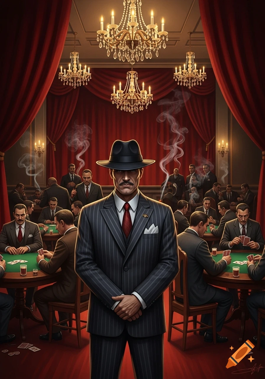 Stern man in pinstripe suit and fedora in lavish, red-curtained room with men playing poker.