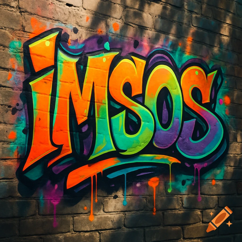 Vibrant graffiti spelling 'IMSOS' in orange, green, and purple, with paint drips on a brick wall.