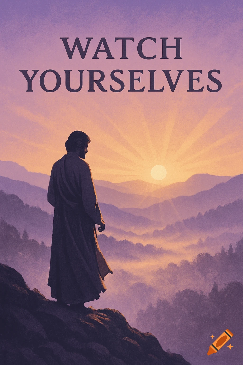 A robed figure stands on a mountain overlooking a sunset over misty peaks, with text 'WATCH YOURSELVES' above.