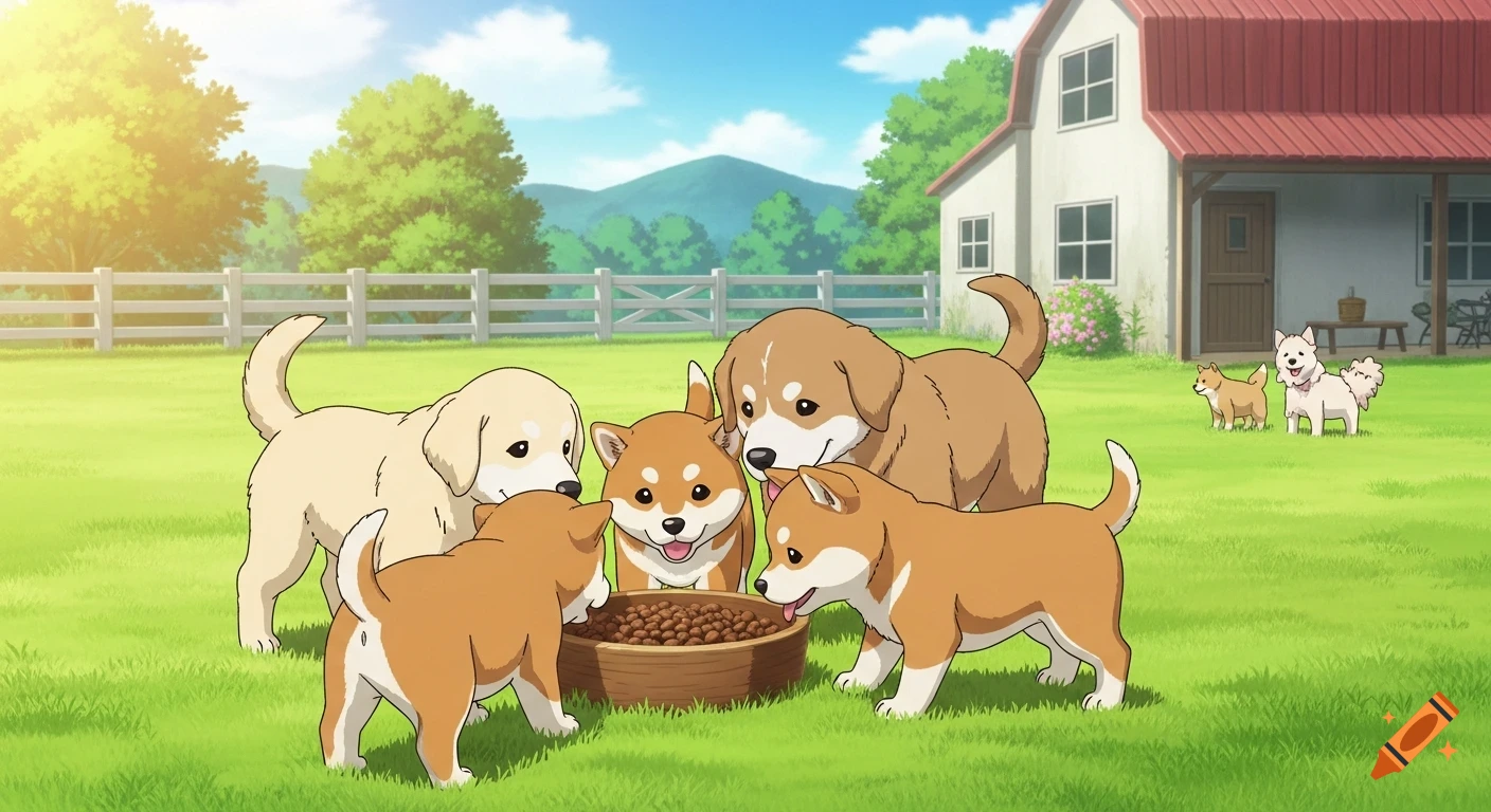 Anime cartoon of cute puppies eating from a food bowl in a sunny farmyard with a house and fence.