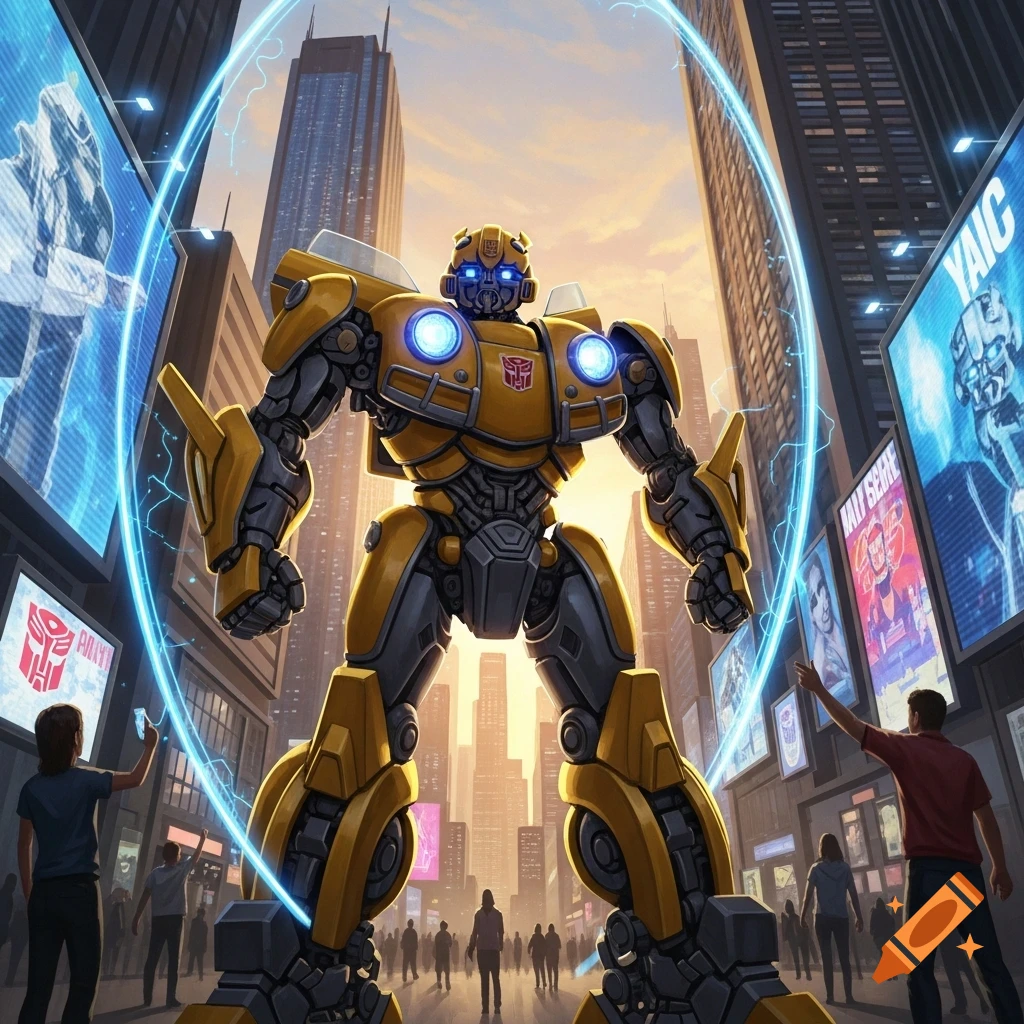 A giant yellow and grey robot, Bumblebee, stands in a bustling city street with blue electrical arcs, surrounded by tall buildings and people.