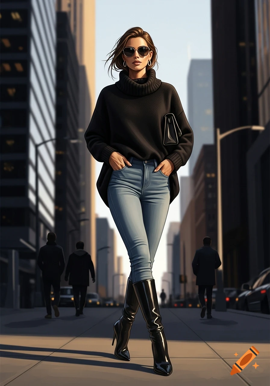 A stylish woman in a black turtleneck, light blue jeans, and tall black boots walks confidently down a city street.