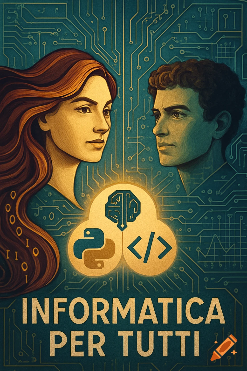 Stylized poster with a woman and man looking at each other, separated by a circuit board background, with symbols for AI, Python, and coding. Text reads 'INFORMATICA PER TUTTI' (COMPUTER SCIENCE FOR EVERYONE).