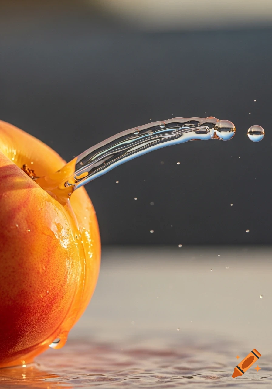 A vibrant orange peach with water squirting horizontally from its side, captured in a close-up, photorealistic style.