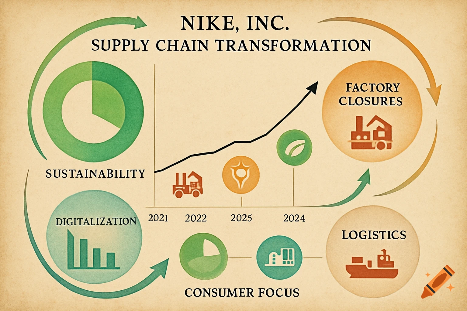 Infographic titled "Nike, Inc. Supply Chain Transformation" showing a circular flow connecting sustainability, digitalization, consumer focus, logistics, and factory closures, with a timeline from 2021-2024.