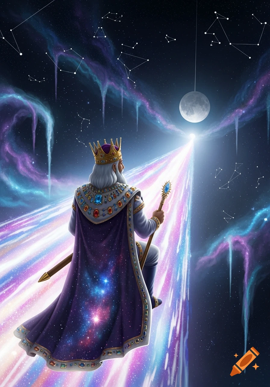 A majestic king in a purple, star-patterned cape and golden crown sits on a colorful light beam leading to a glowing moon in a cosmic sky with constellations.