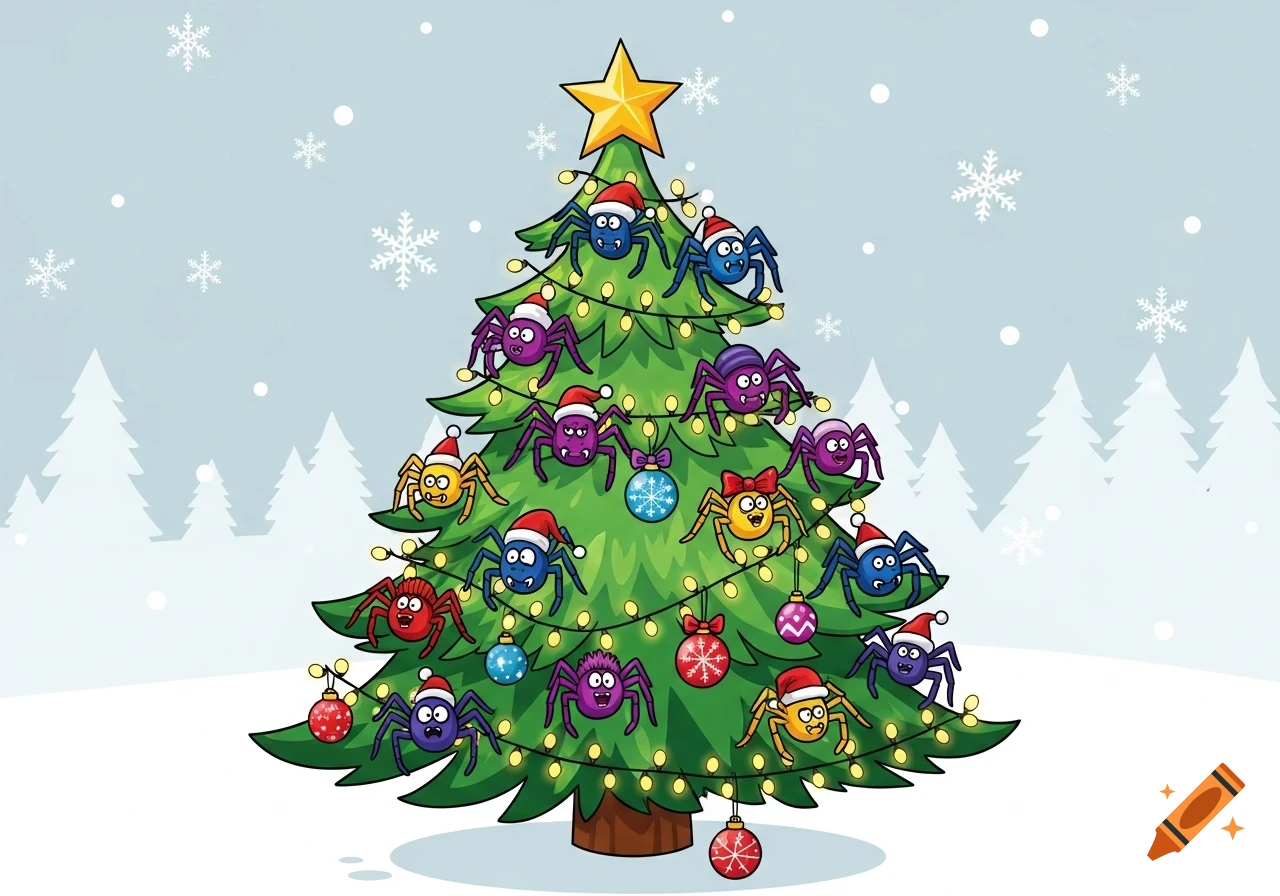A cartoon Christmas tree adorned with colorful, smiling spiders wearing Santa hats and festive bows in a snowy landscape.