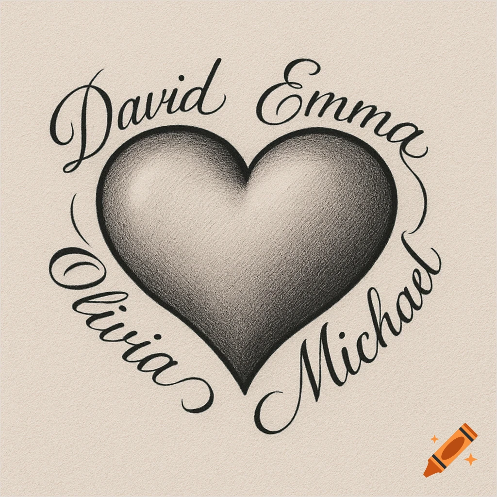 Pencil drawing of a shaded heart with names 'David', 'Emma', 'Olivia', 'Michael' curved around its perimeter in a tattoo style.