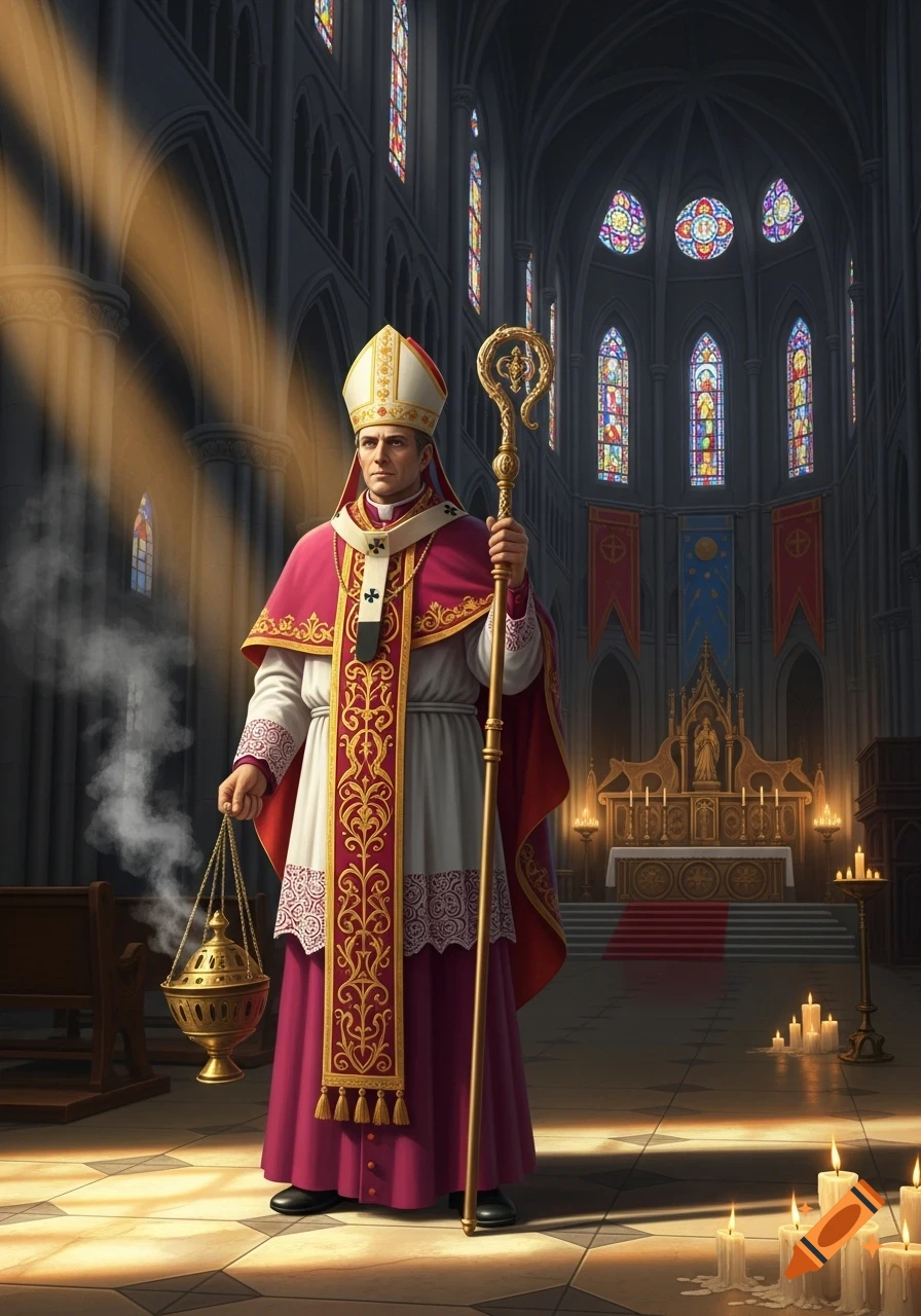 A robed bishop holding a censer and crosier stands in a dimly lit cathedral with stained glass windows and lit candles.