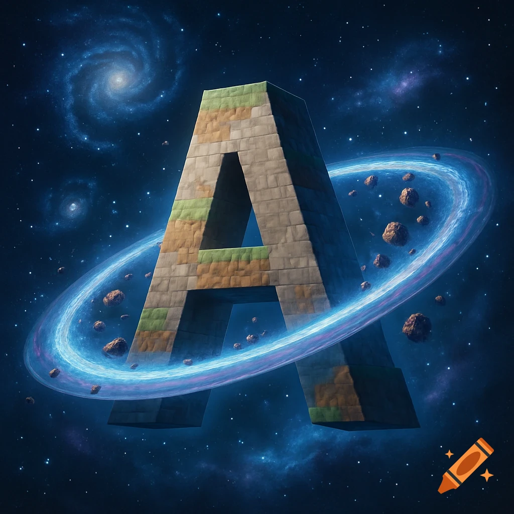 A giant Minecraft-textured capital letter A floats in deep space, encircled by a glowing blue planetary ring and asteroids, with galaxies in the background.