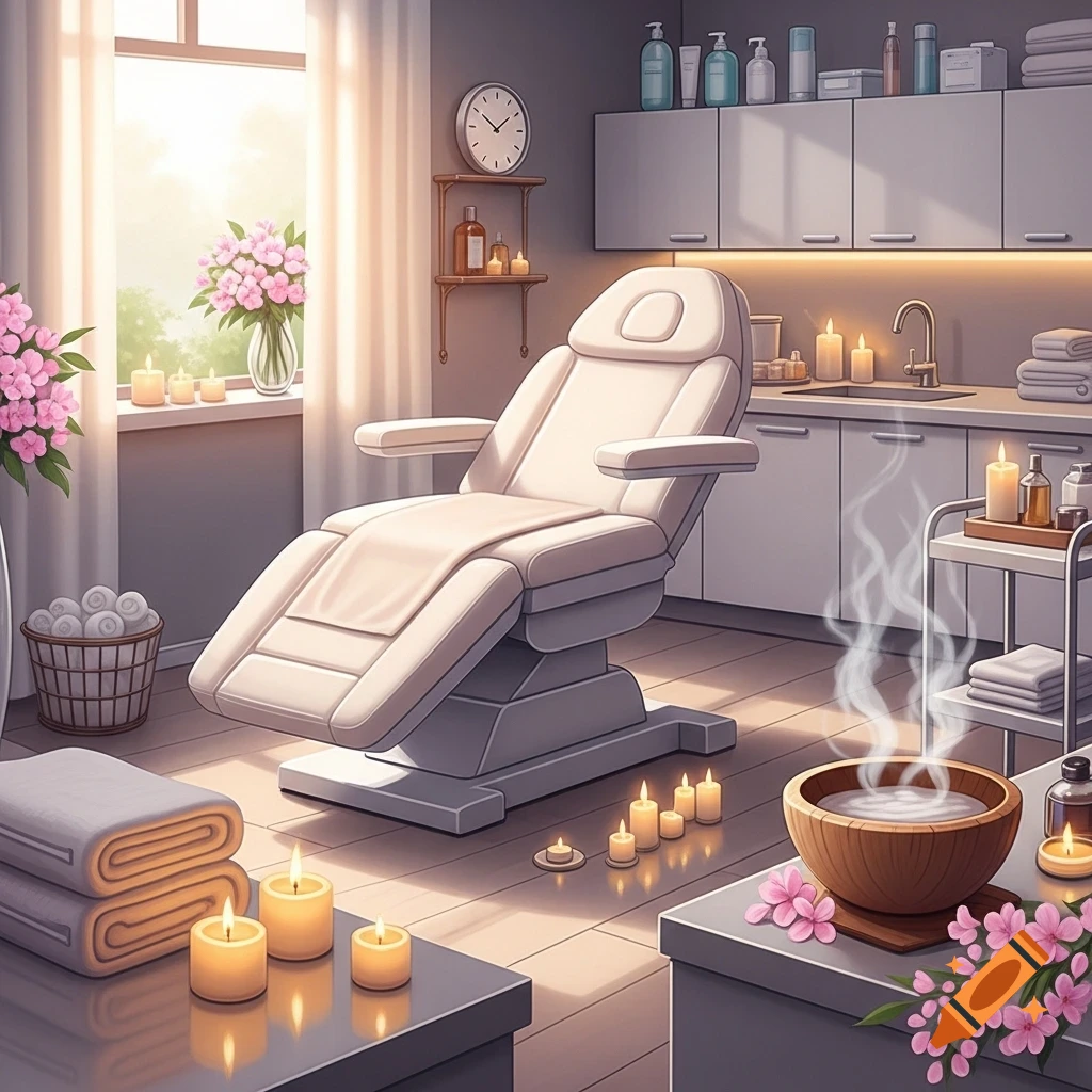 A serene spa room with a white treatment chair, lit candles, flowers, and a steaming bowl, featuring a large window with soft natural light.
