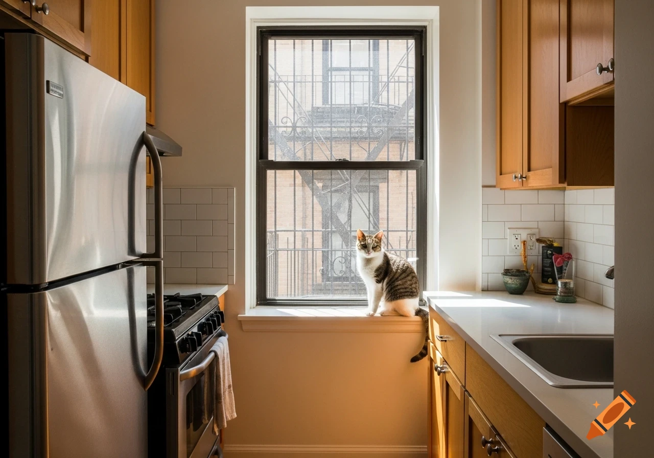 A tabby and white cat sits on a sunny kitchen windowsill with a fire escape visible outside.