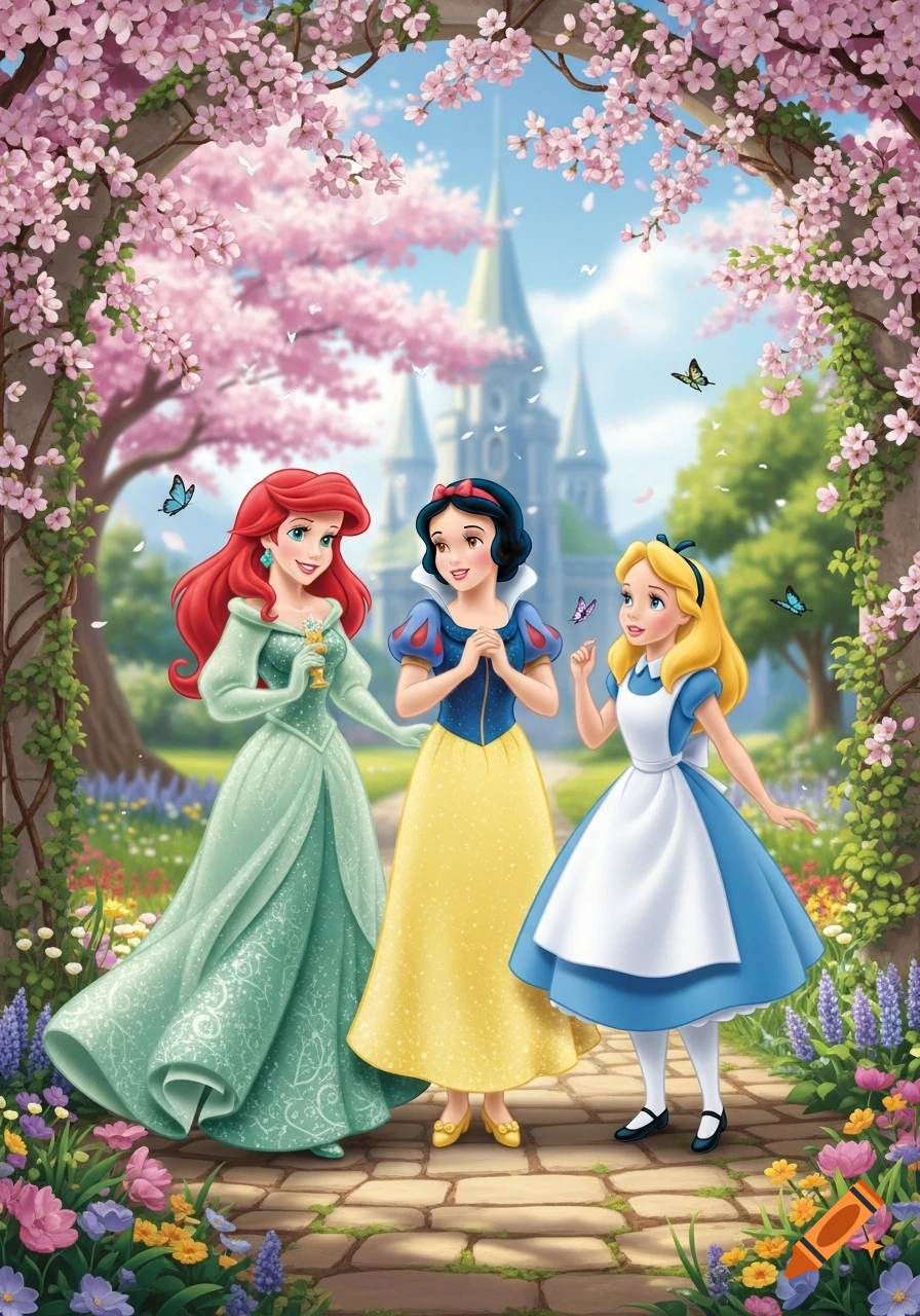 Disney princesses Ariel, Snow White, and Alice stand in a vibrant spring garden archway with cherry blossoms and a castle.