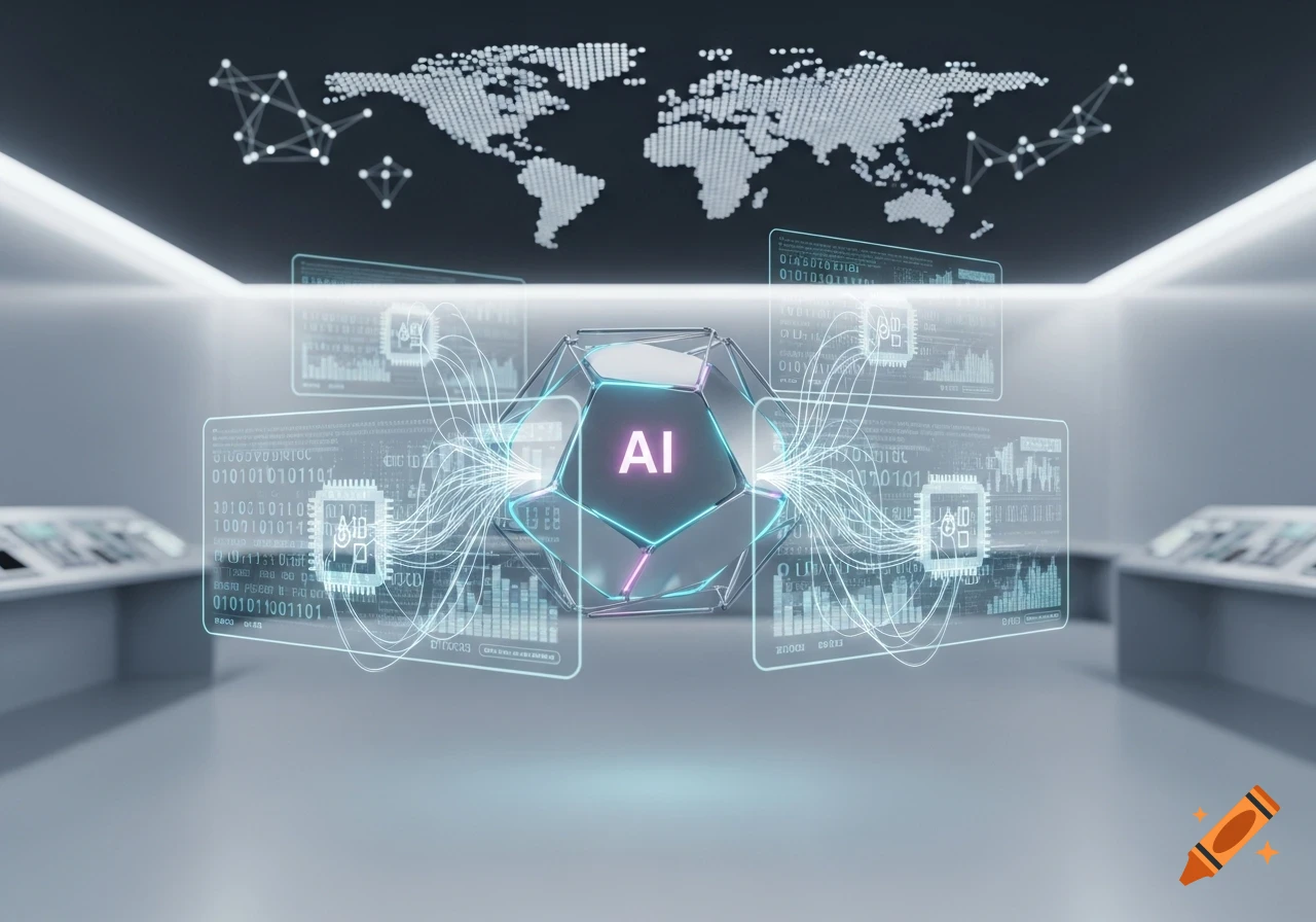 A glowing AI polyhedron at the center of a futuristic data hub, surrounded by holographic screens displaying code and a world map.