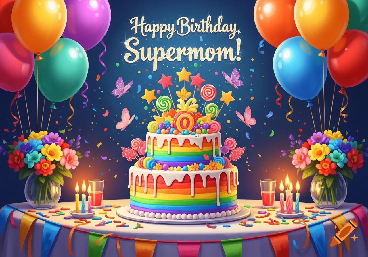 A colorful two-tier rainbow birthday cake with "Happy Birthday, Supermom!" text, balloons, flowers, and lit candles on a decorated table.