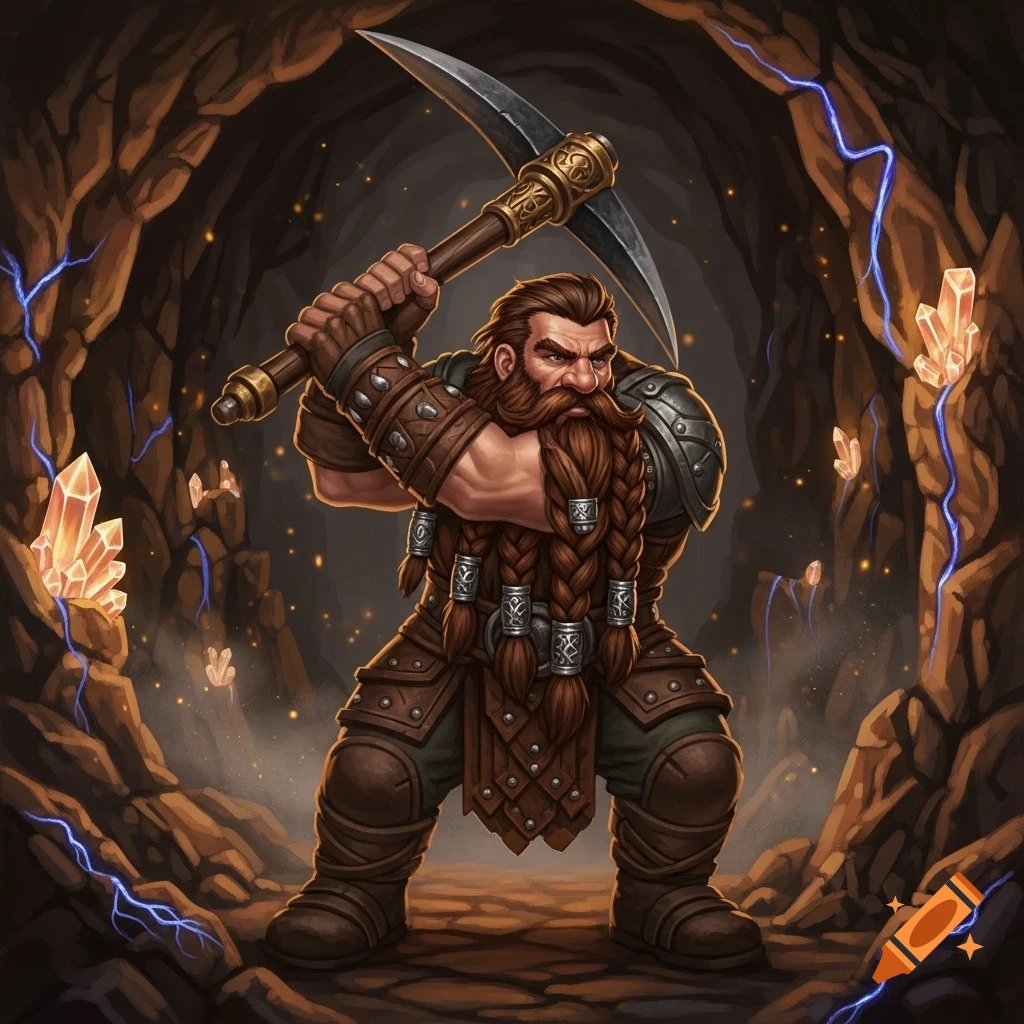 A muscular fantasy dwarf miner with a long braided beard raises a pickaxe in a glowing crystal cave.