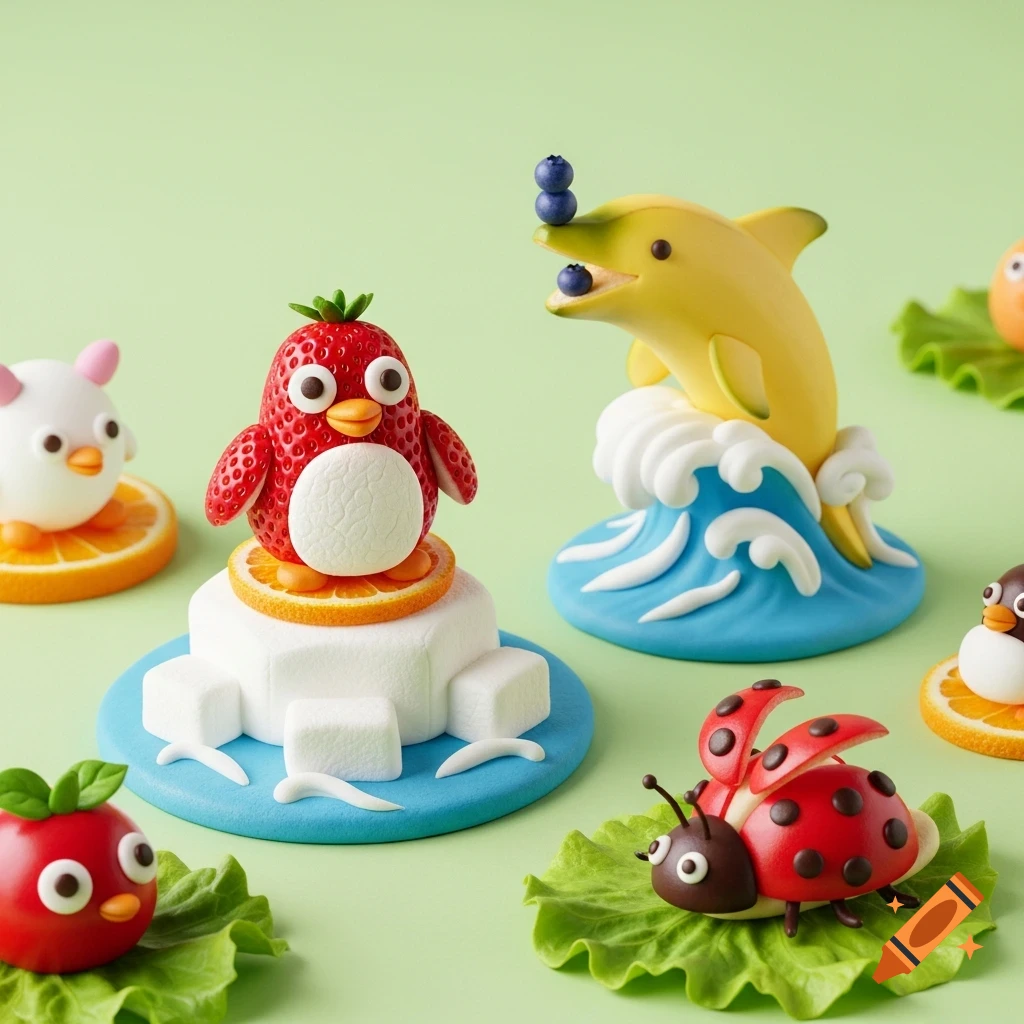 Cute food art figurines: a strawberry penguin, a banana dolphin with blueberries, and a ladybug on a leaf, all on a light green background.