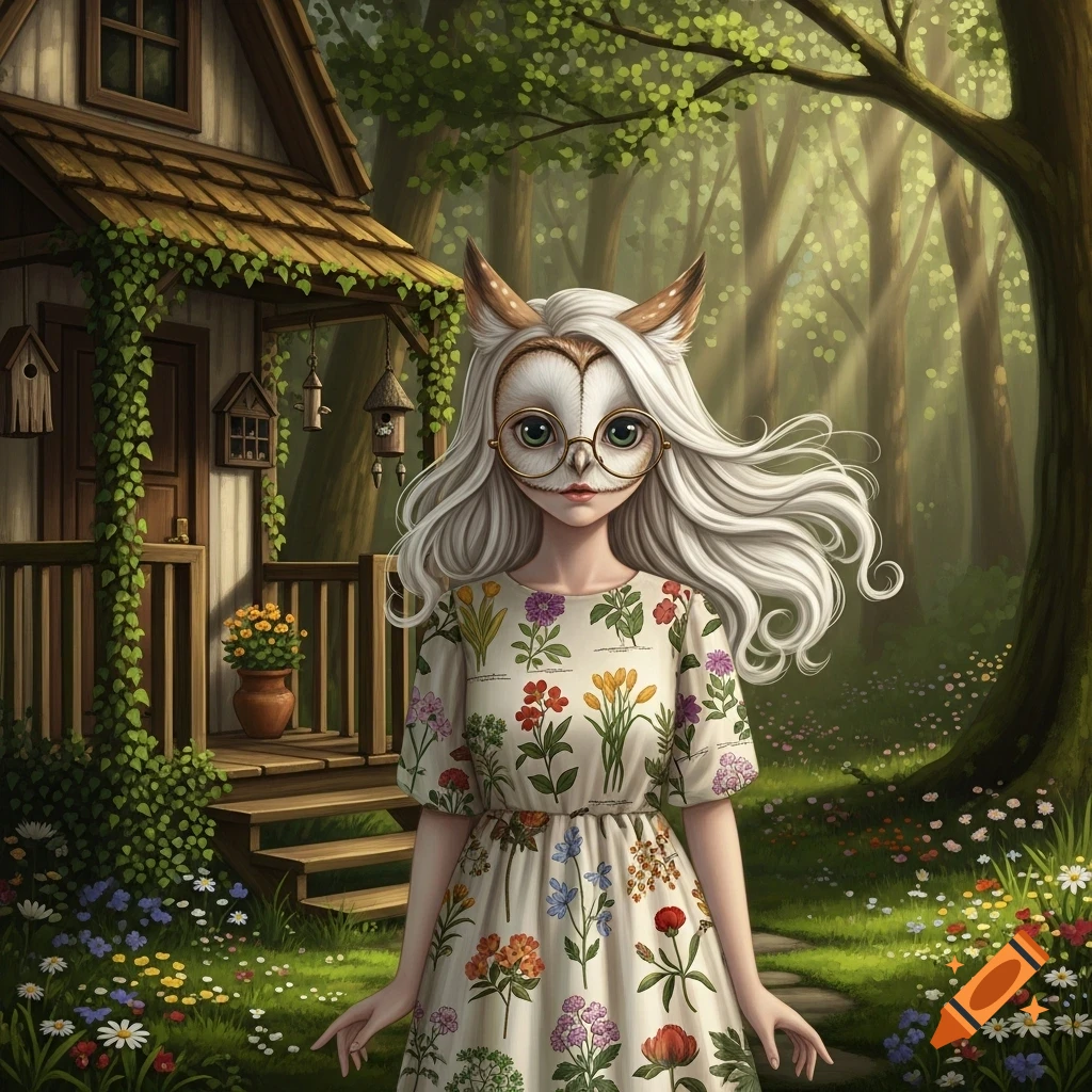 Digital illustration of a girl with an owl-like face, big glasses, and white hair, wearing a floral dress, standing in a flower garden in front of a rustic cottage and forest.