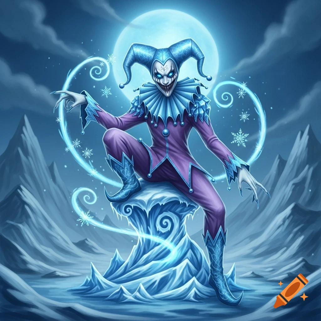 Creepy ice jester with glowing eyes and jagged teeth sitting on an icy throne in a frozen landscape under a full moon.