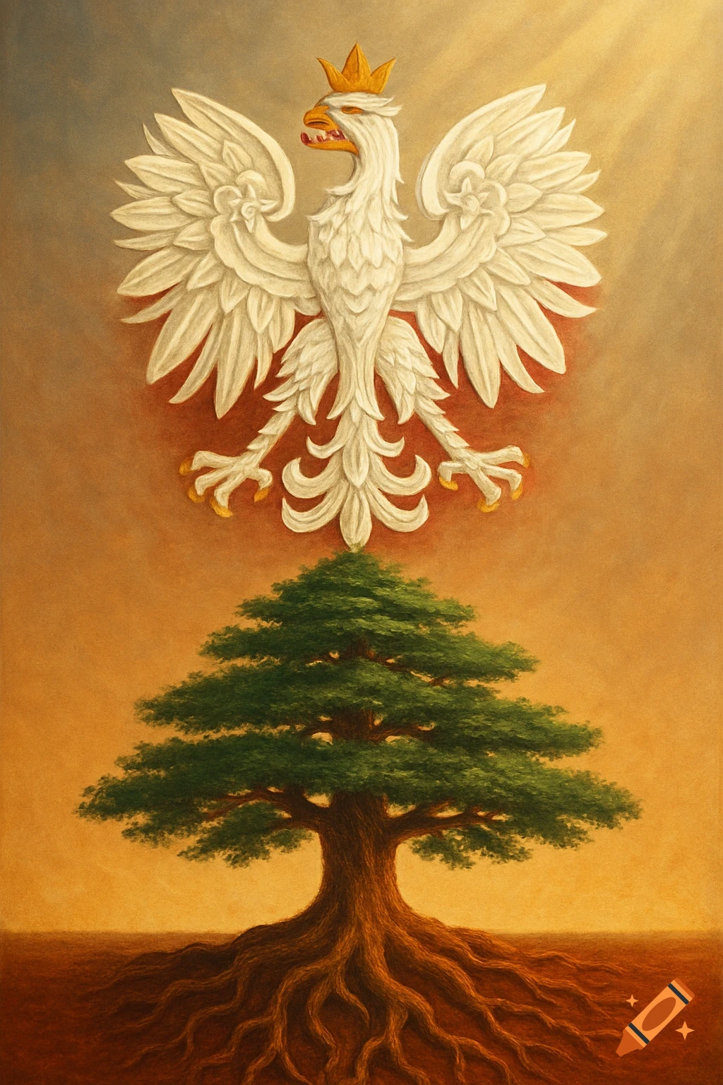 A symbolic painting shows the white Polish eagle emerging from the roots of a green Lebanese cedar tree under warm light.