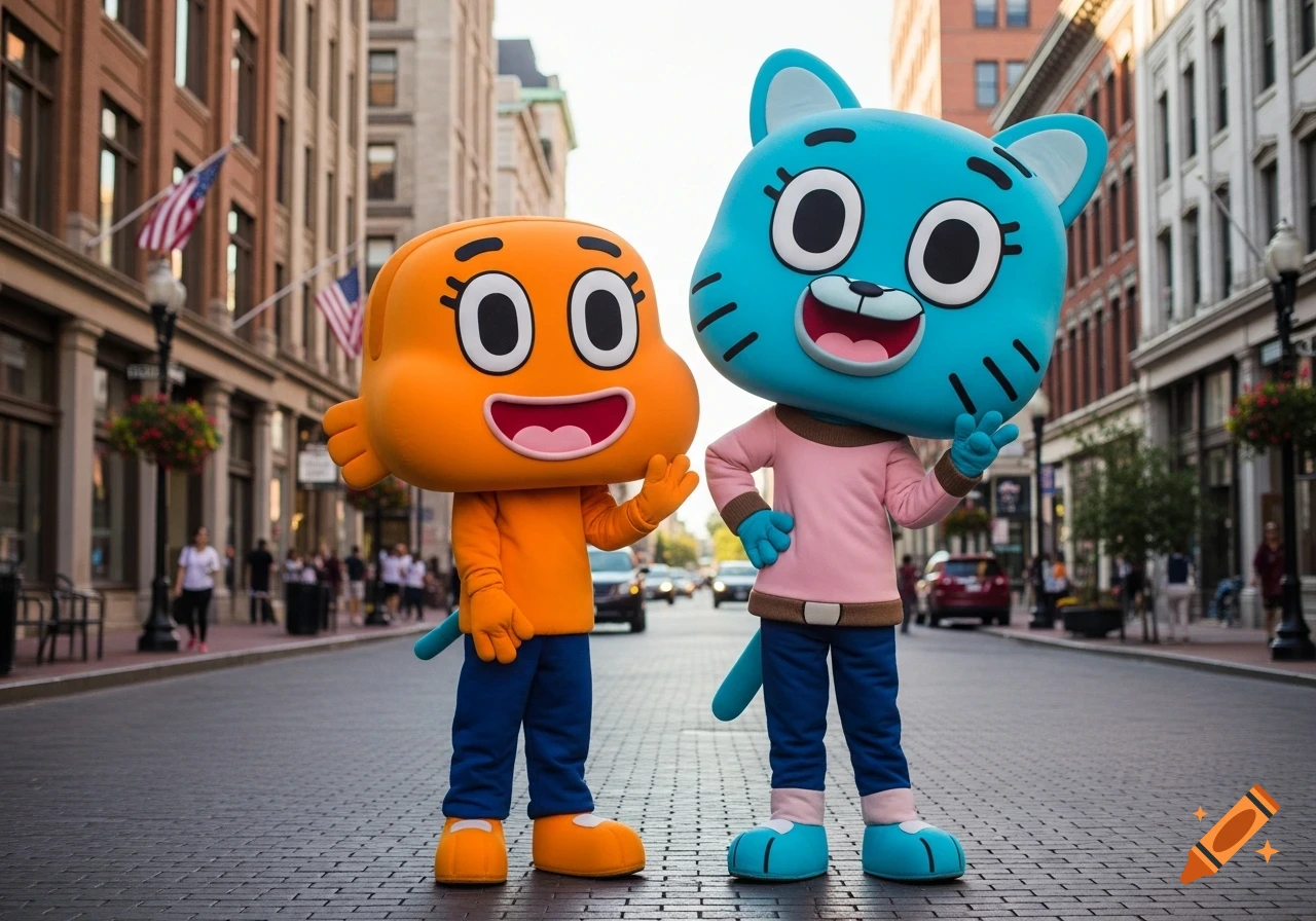 Photorealistic Gumball and Darwin Watterson mascot characters stand on a cobblestone city street with buildings in the background.