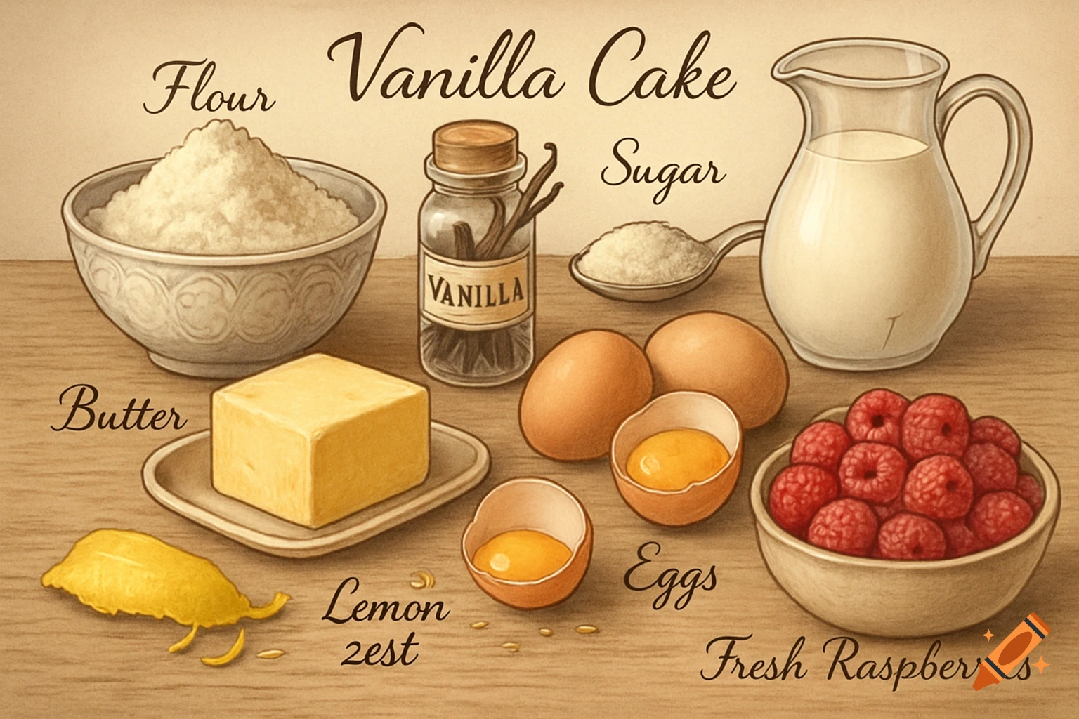 An illustrated arrangement of baking ingredients for vanilla cake, including flour, butter, vanilla, sugar, eggs, lemon zest, and fresh raspberries.