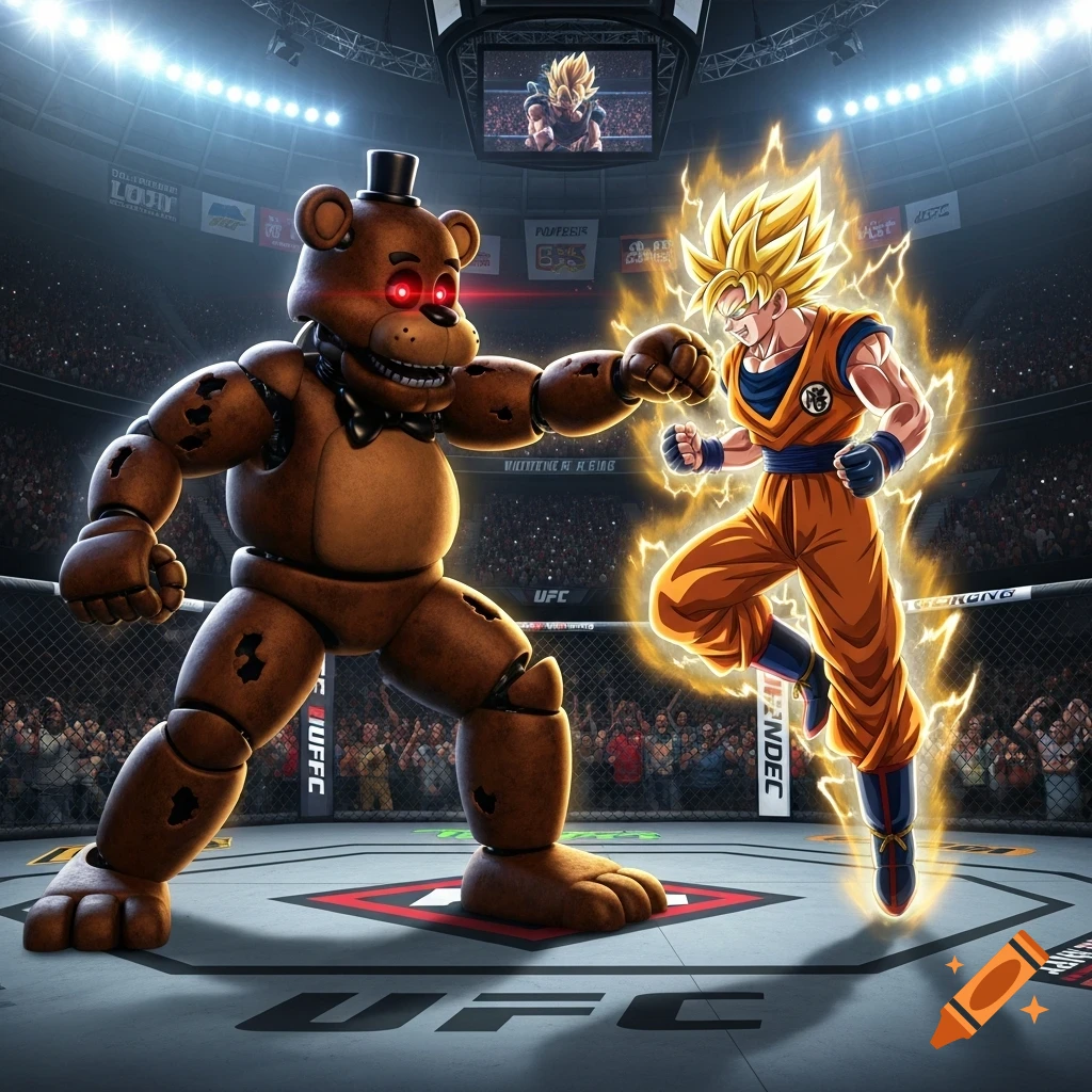 Freddy Fazbear fights Super Saiyan Goku in a brightly lit UFC arena filled with cheering spectators.