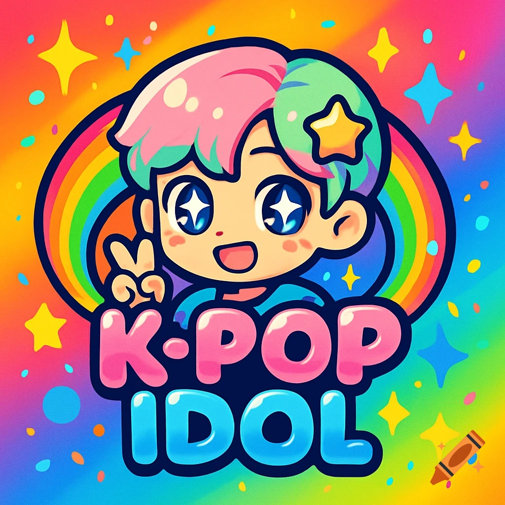 Colorful chibi K-pop idol cartoon logo with a character making a peace sign, rainbow, stars, and 'K-POP IDOL' text.
