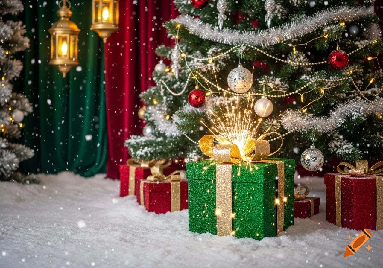 A festive Christmas scene with a decorated tree, glowing lanterns, green and red gift boxes in snow, and falling snowflakes.