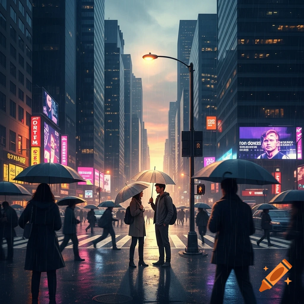 A couple talks under an umbrella on a rainy city street at dusk, surrounded by pedestrians and illuminated skyscrapers with blurry billboards.