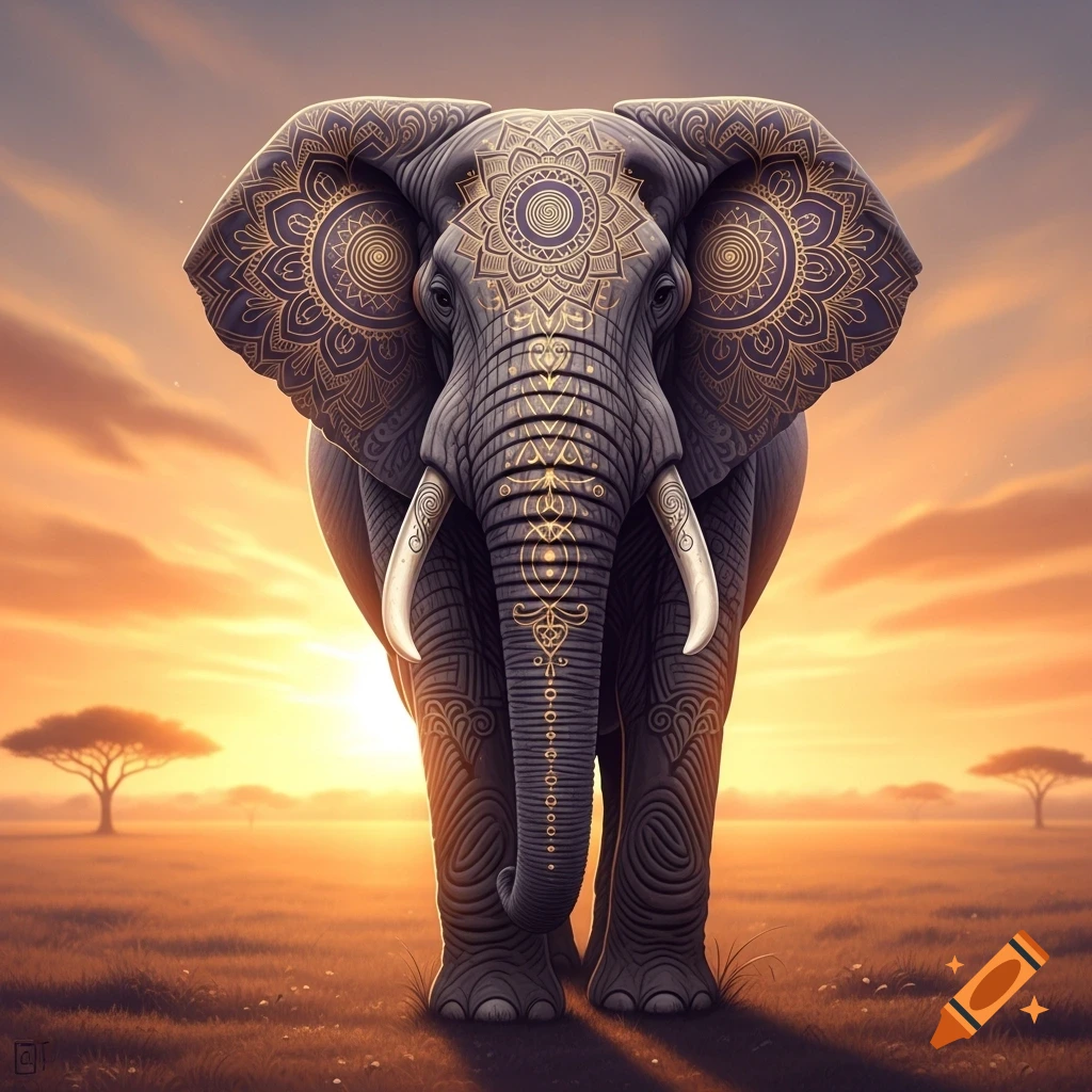 A majestic elephant adorned with intricate gold mandala patterns stands facing forward at sunset in a golden field.