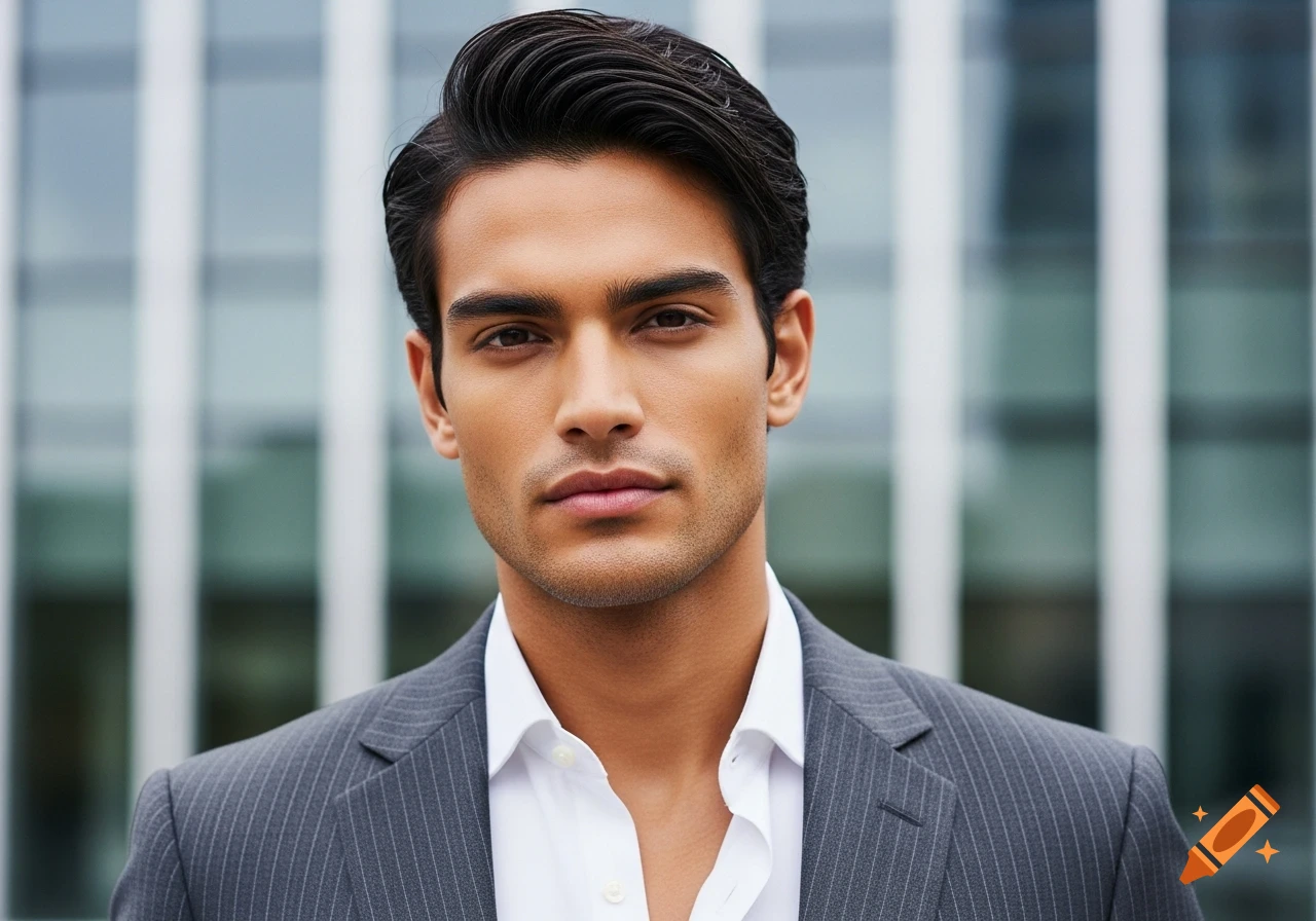 A handsome male model with dark hair in a pinstripe suit and white shirt, posing outside a modern building.