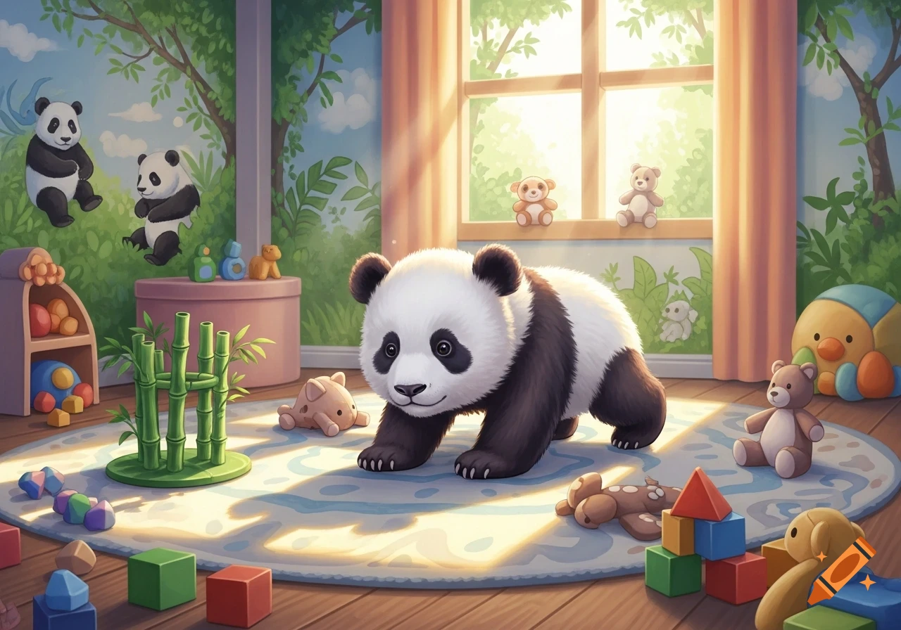 A cute baby panda crawls on a rug in a sunlit playroom, surrounded by building blocks, stuffed animals, and panda-themed decor.