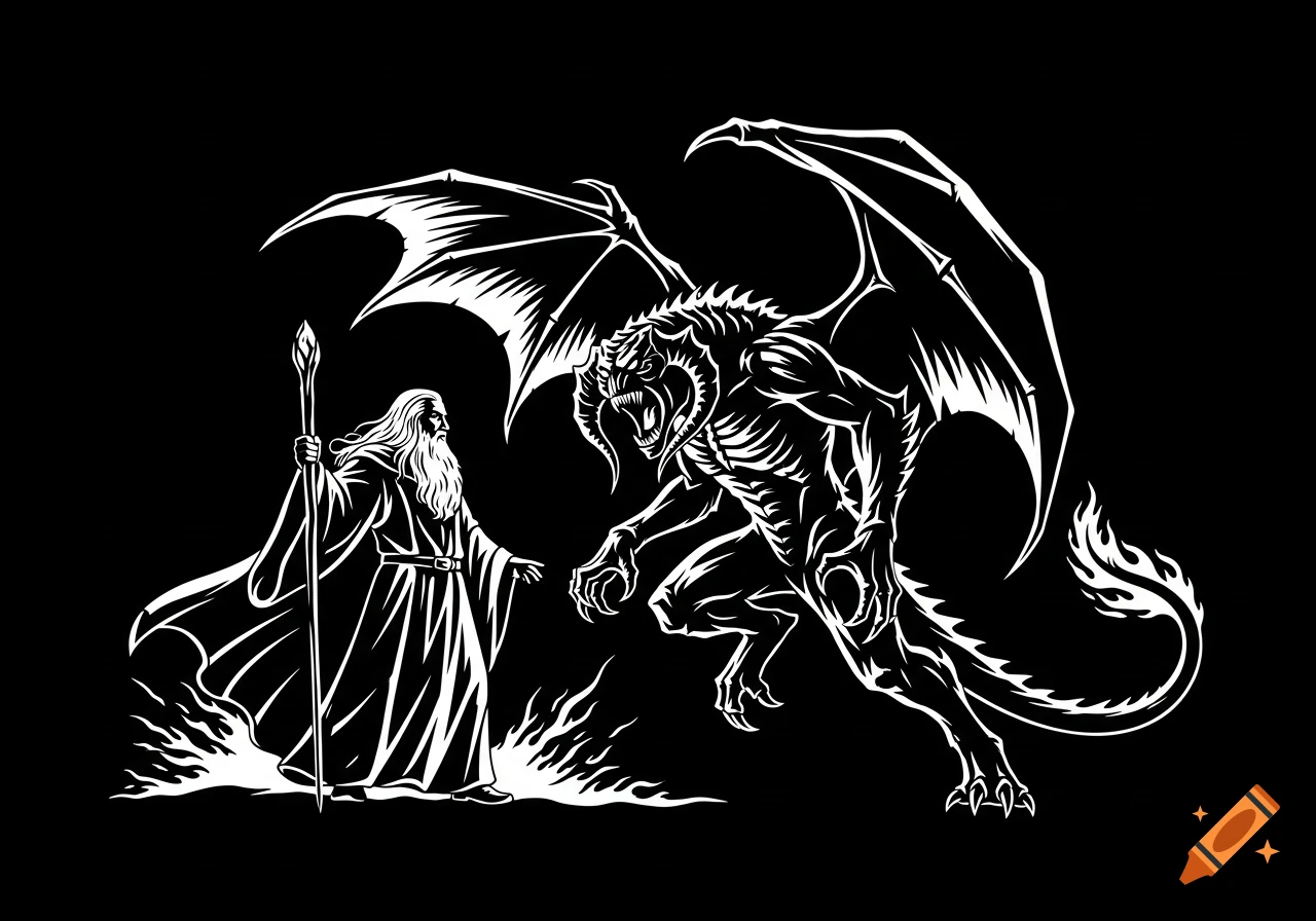White on black stencil silhouette of Gandalf facing a horned, winged Balrog amidst flames.