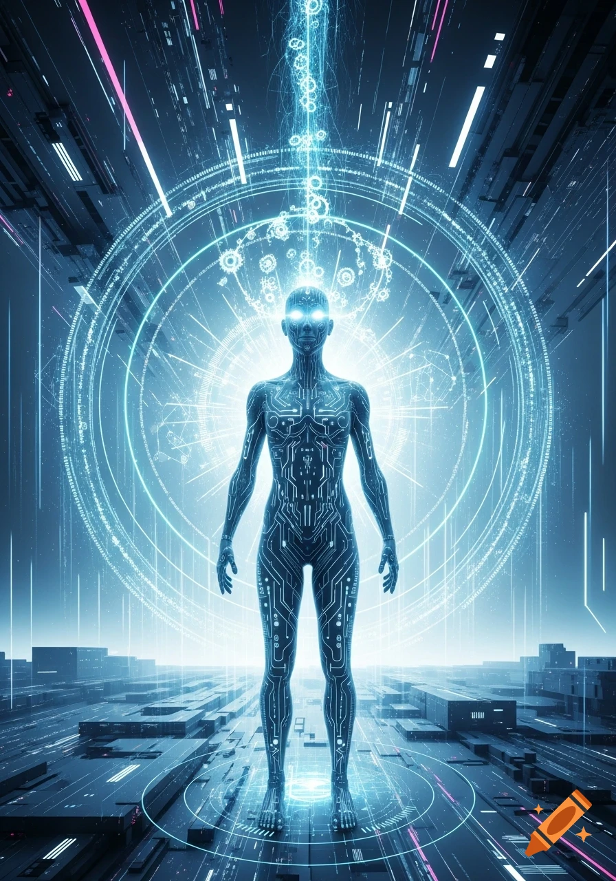 A glowing, circuit-patterned humanoid figure stands in a futuristic digital city, surrounded by pulsing blue light and data streams.