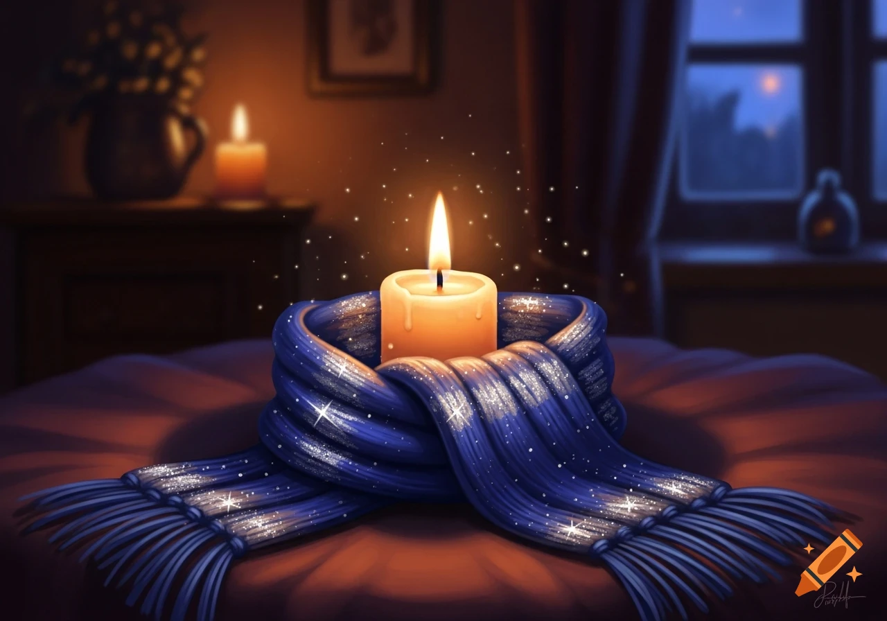 A glowing candle wrapped in a sparkling blue scarf on a table, set in a cozy, dark room with a window view at night, digital art.