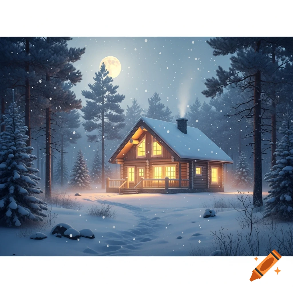 A cozy wooden cabin with warm lights glowing in a snow-covered forest under a full moon with falling snow.