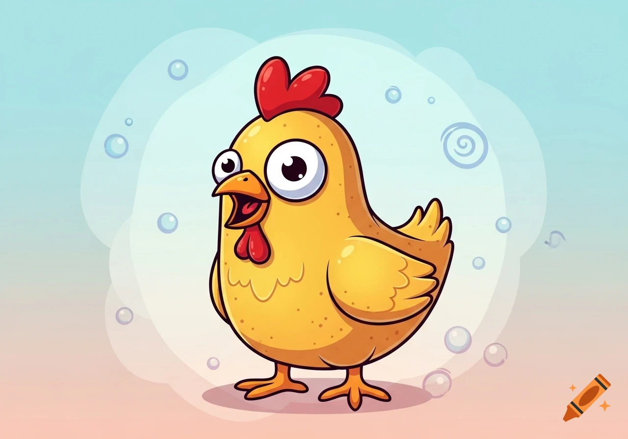 A cute, bright yellow cartoon chicken with big white eyes and a red comb stands against a soft blue and pink background with bubbles.