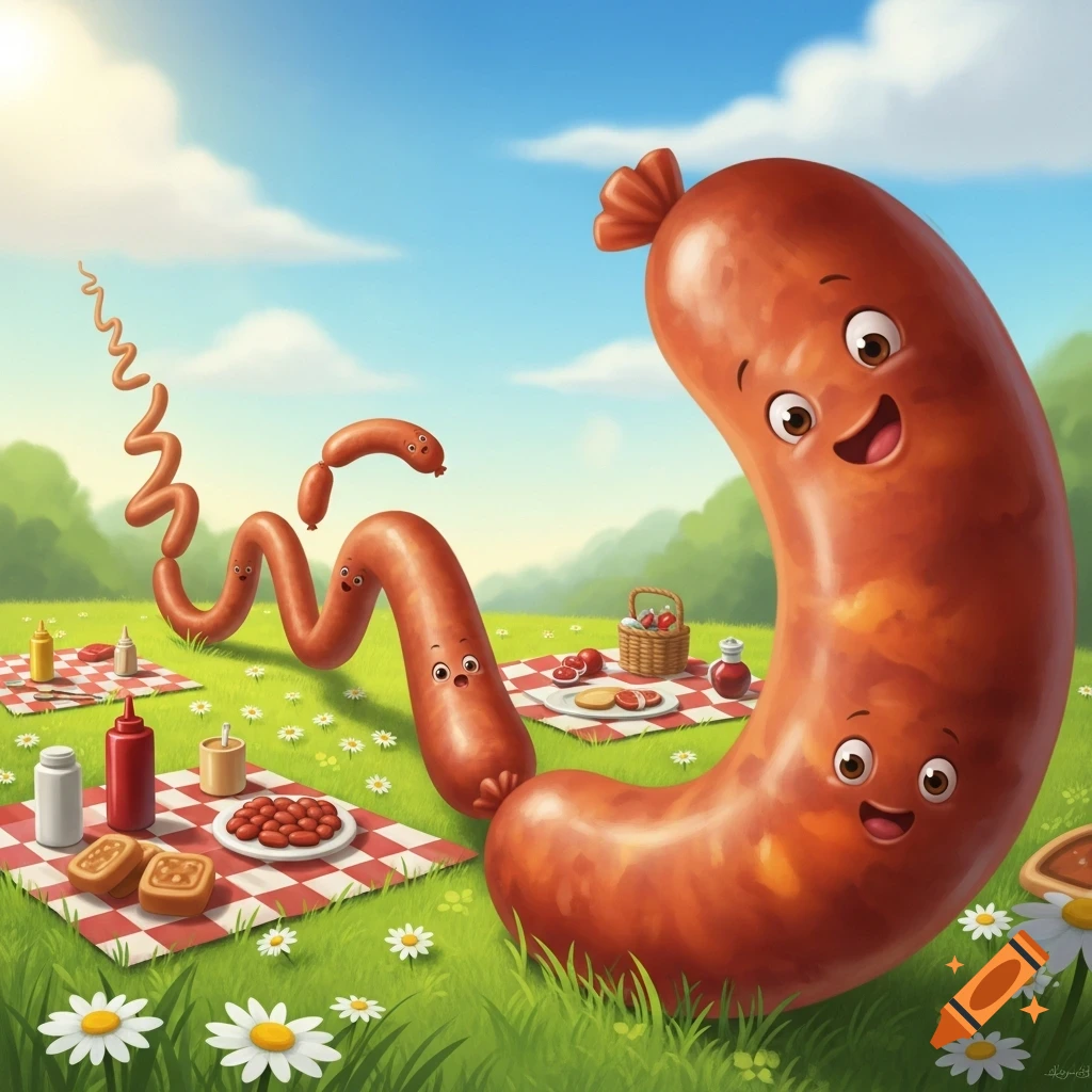 Happy cartoon sausages picnic in a sunny grassy field with daisies.