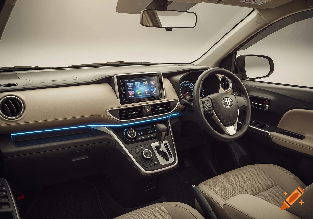 A detailed view of a modern car's interior, showing the dashboard, infotainment screen, steering wheel, and front seats.