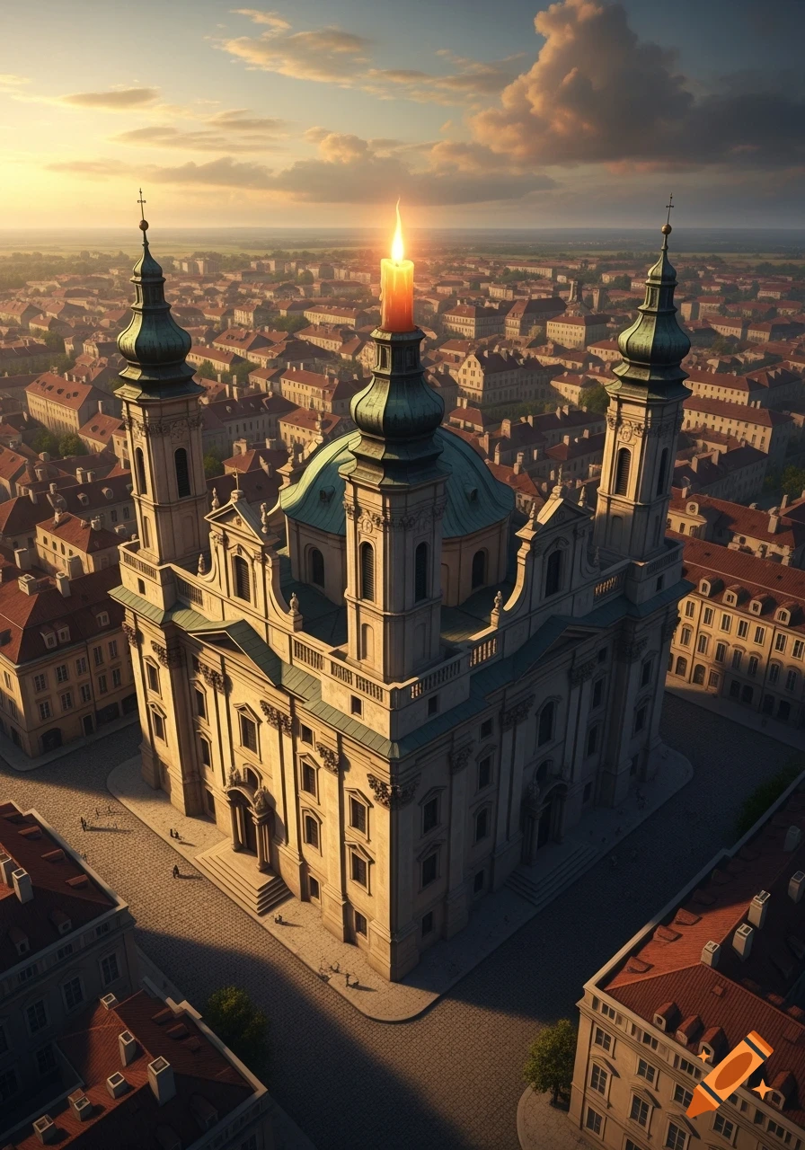 Aerial view of a grand baroque-style church with a burning candle on its central dome, surrounded by the red-roofed buildings of an old European city at sunset.