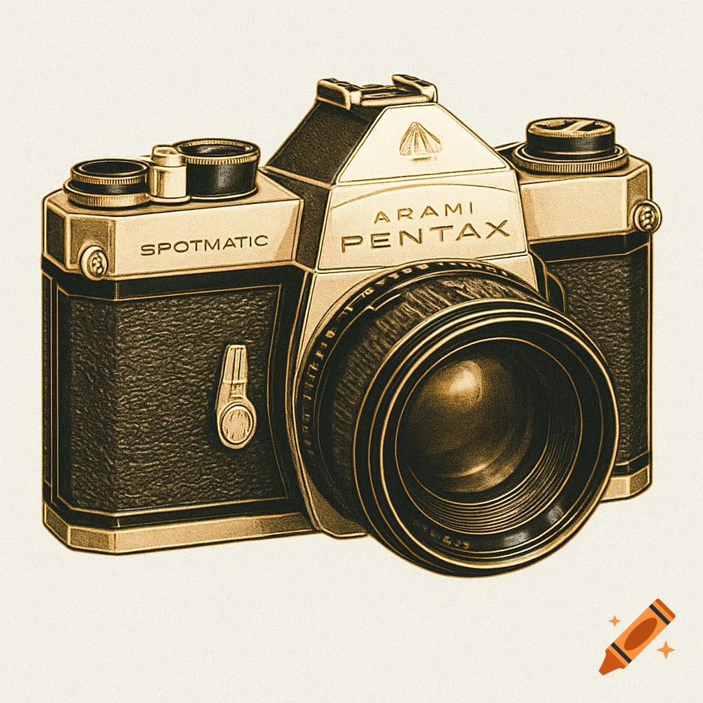 A stylized vintage Pentax Spotmatic camera with a black textured body and beige/gold outline, depicted as a drawing on a white background.