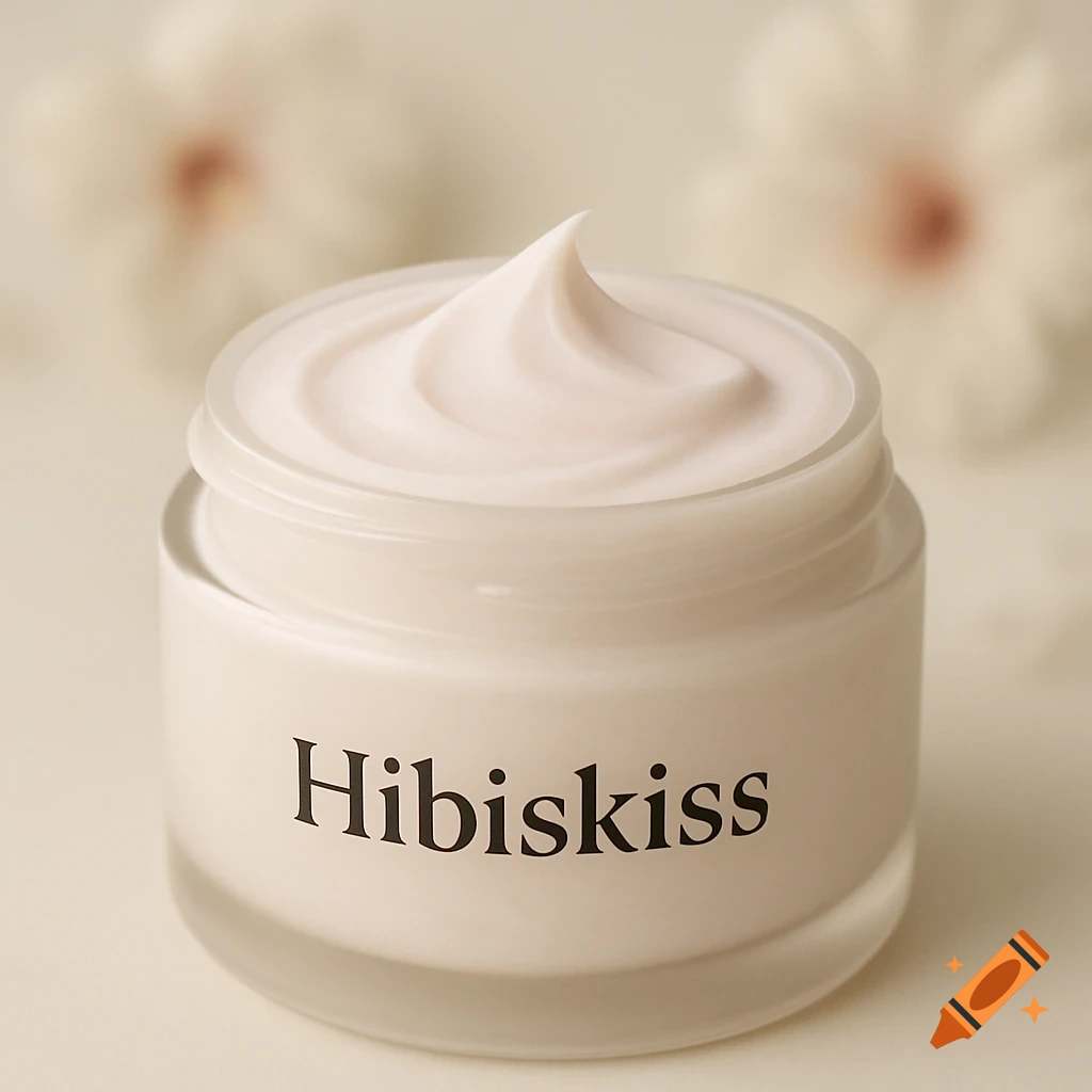 Close-up of a jar of "Hibiskiss" pale pastel pink, almost white cream, with a swirl on top, set against a blurry background with white flowers.