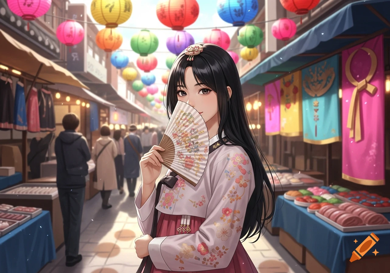 A young Korean woman in a hanbok holds a fan in a vibrant marketplace with colorful lanterns overhead, in an anime style.