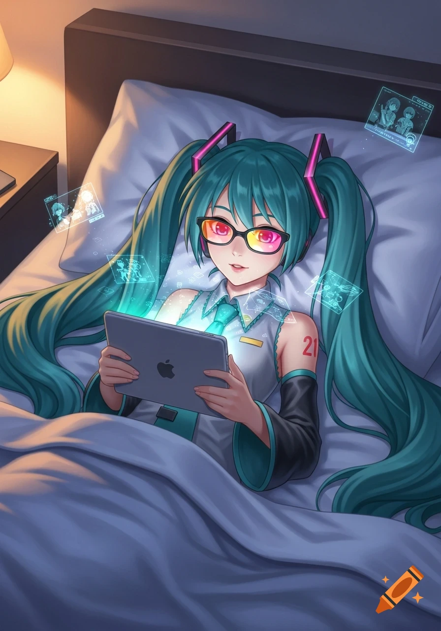 Anime style illustration of Hatsune Miku with long teal pigtails and glasses, lying in bed while watching videos on her iPad.