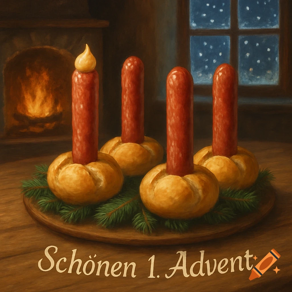 A painterly Advent wreath made of sausages in bread rolls, with one 'lit' by mustard. On a wooden table with a fireplace and snowy window in the background. Text reads "Schönen 1. Advent".