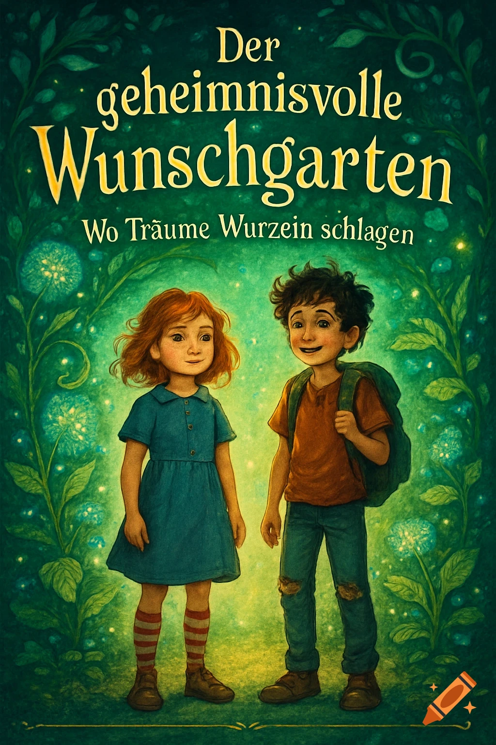 Illustrated children's book cover showing a girl and boy in a glowing magical garden with the title 'Der geheimnisvolle Wunschgarten'.