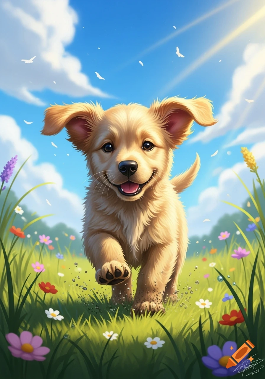 A cute golden retriever puppy runs joyfully through a sunny meadow with colorful wildflowers, in a cartoon illustration.