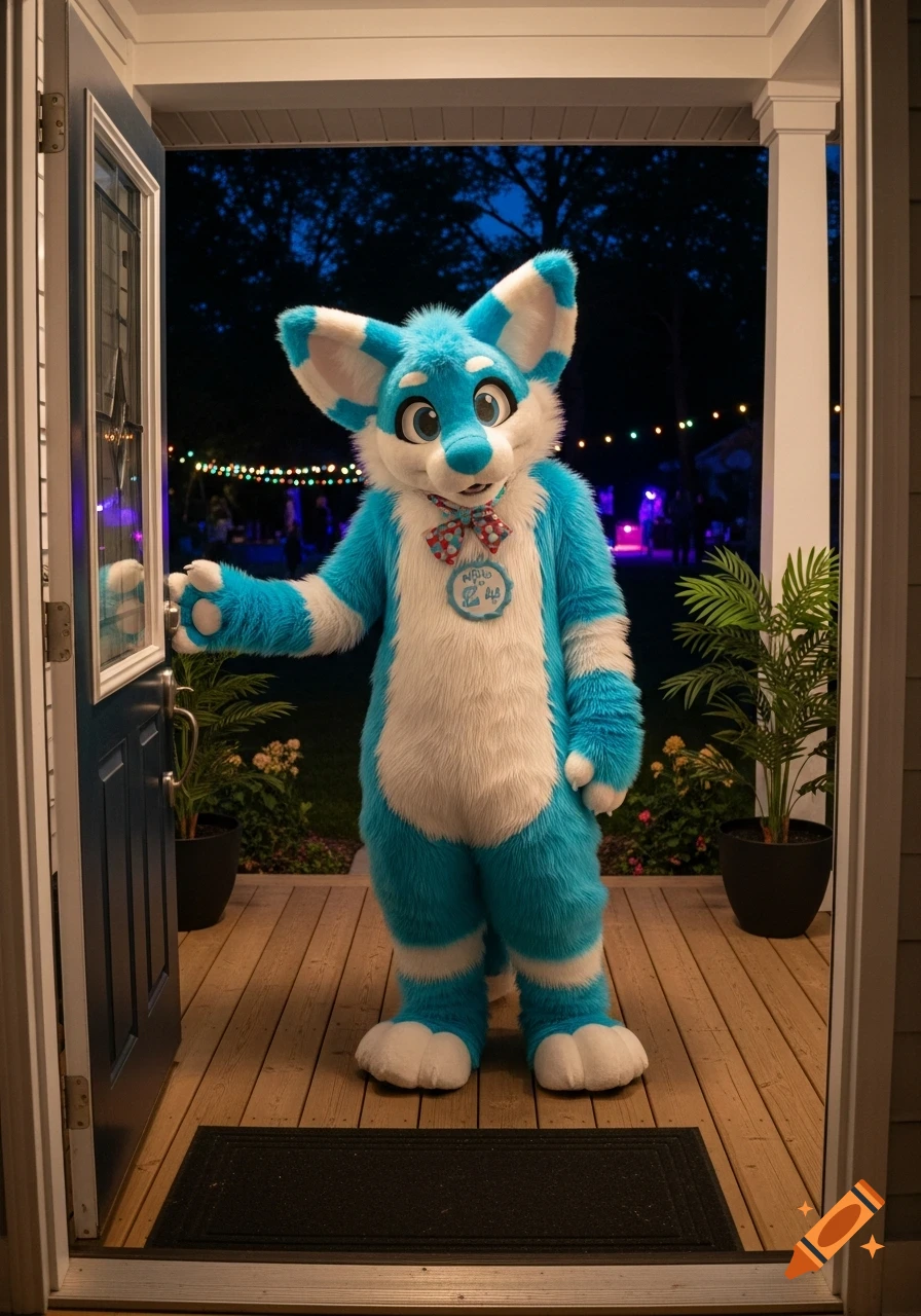 A person in a cheerful blue and white furry suit stands in a doorway at night, with string lights in the background.